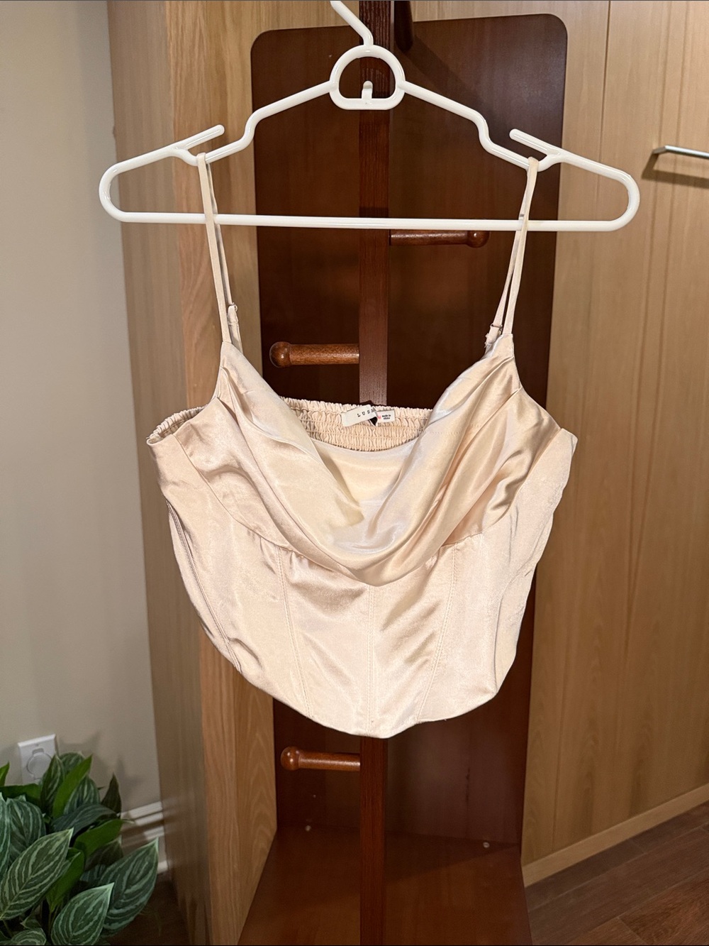 LUSH Ivory Satin-Look Cowl Crop Top with Shirred Back